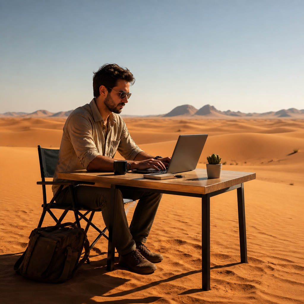 Man working on a laptop at a table in a desert